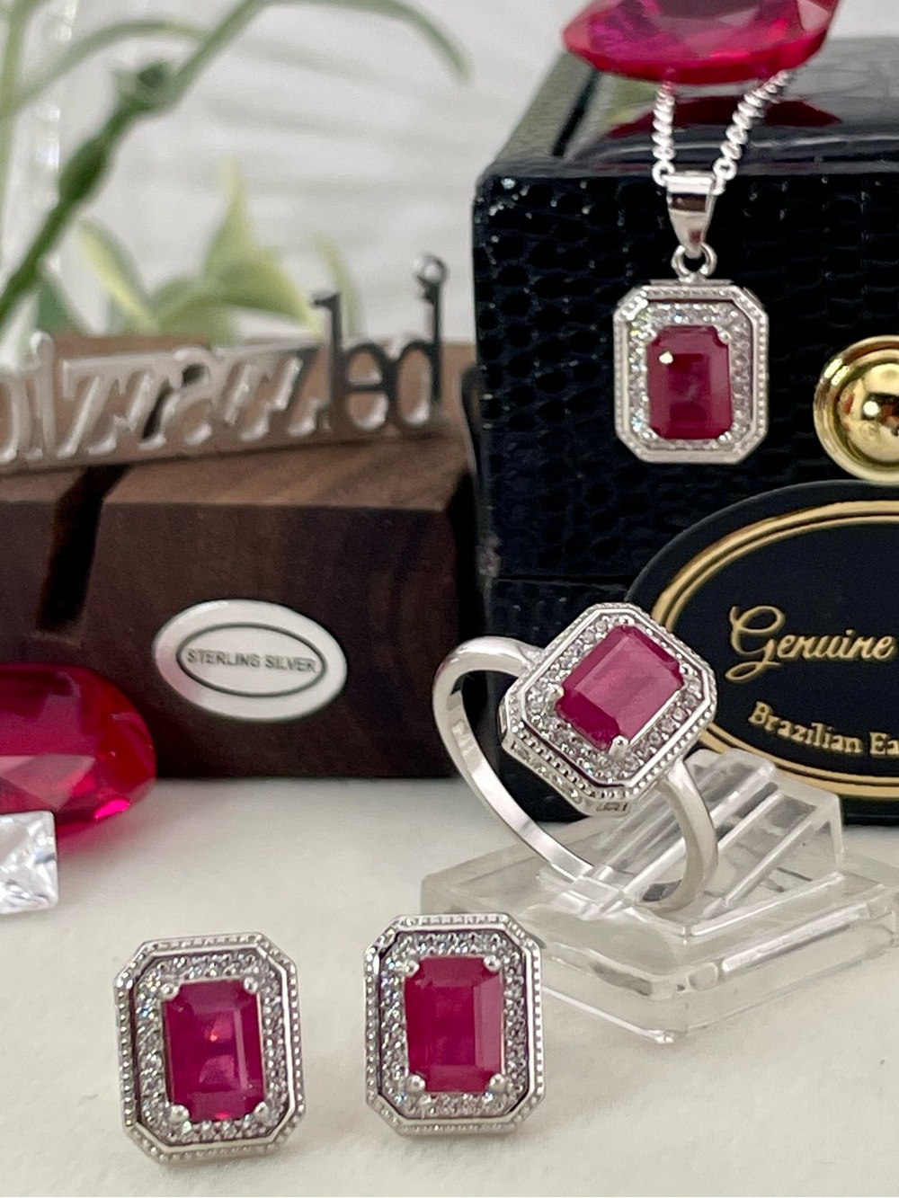 Ruby Topaz SET‼️ Silver 925 Ring Earrings Pendant Necklace